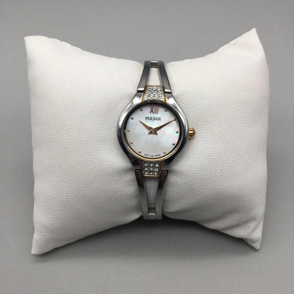 Pulsar Womens Watch 23mm MOP Dial Two Tone Crystal Bracelet New Battery 5.75